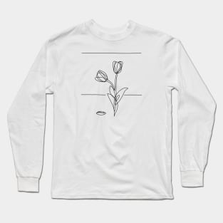 Tulip Flowers Line Drawing - Black Long Sleeve T-Shirt